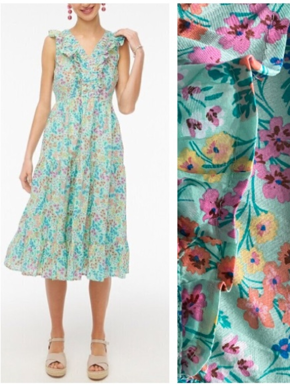 J.Crew Fresh Spearmint Green Floral Smocked Ruffle Neck Midi Dress 2
